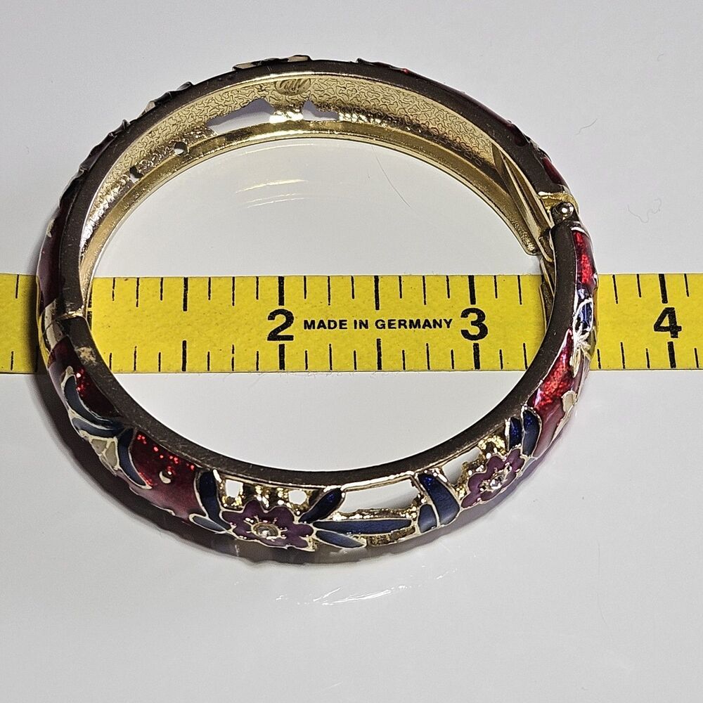 *Sale* Jiu Long Xing Gold Tone Red Blue Cloisonne Flower Hinged Bracelet 7.5" - Picture 10 of 14